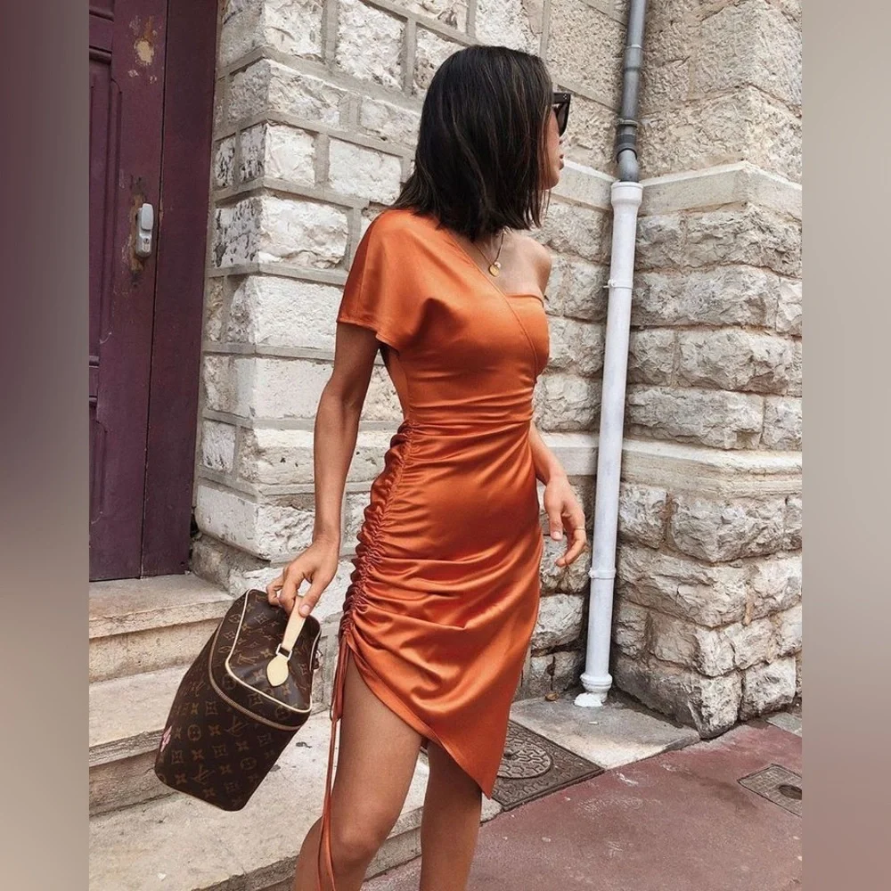strapless open back dress Red Ruched V-neck Slit Fit and Flare Charmeuse Bridesmaid Dress main image 0